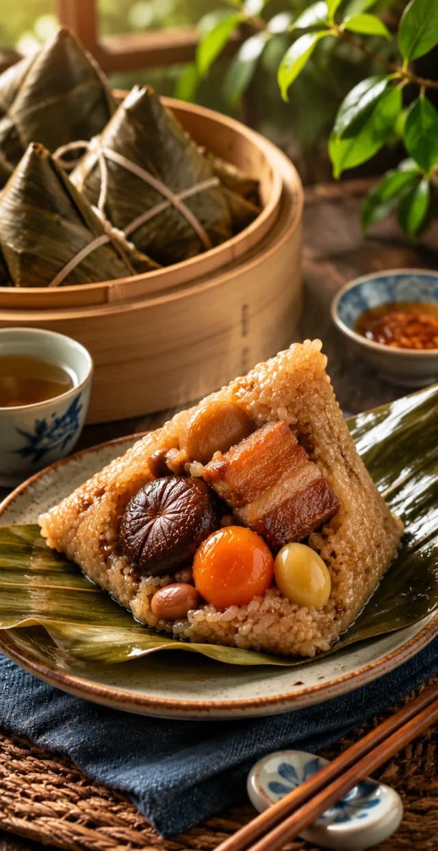 端午節 2026 zongzi live wallpaper — Taiwanese sticky-rice dumpling with pork belly, shiitake and salted egg yolk on a bamboo leaf