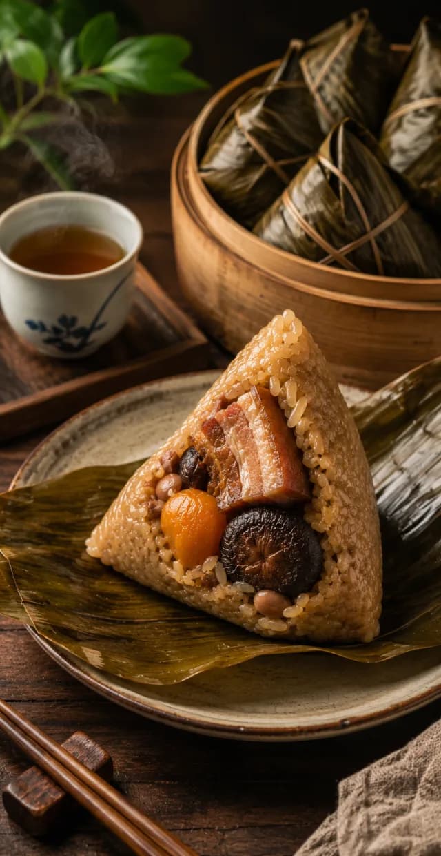 端午節 4K wallpaper — a steamed zongzi opened on a banana leaf beside hot tea and a bamboo steamer