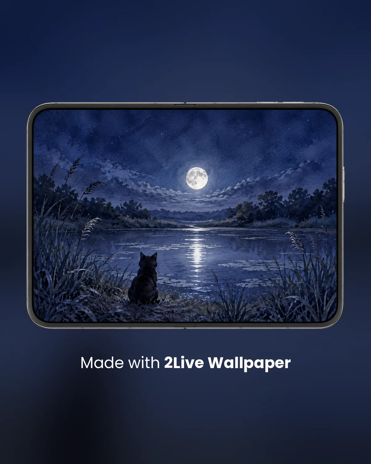 iPhone Duo unfolded in landscape, the moonlit-lake 2Live wallpaper filling the 7.6-inch inner display