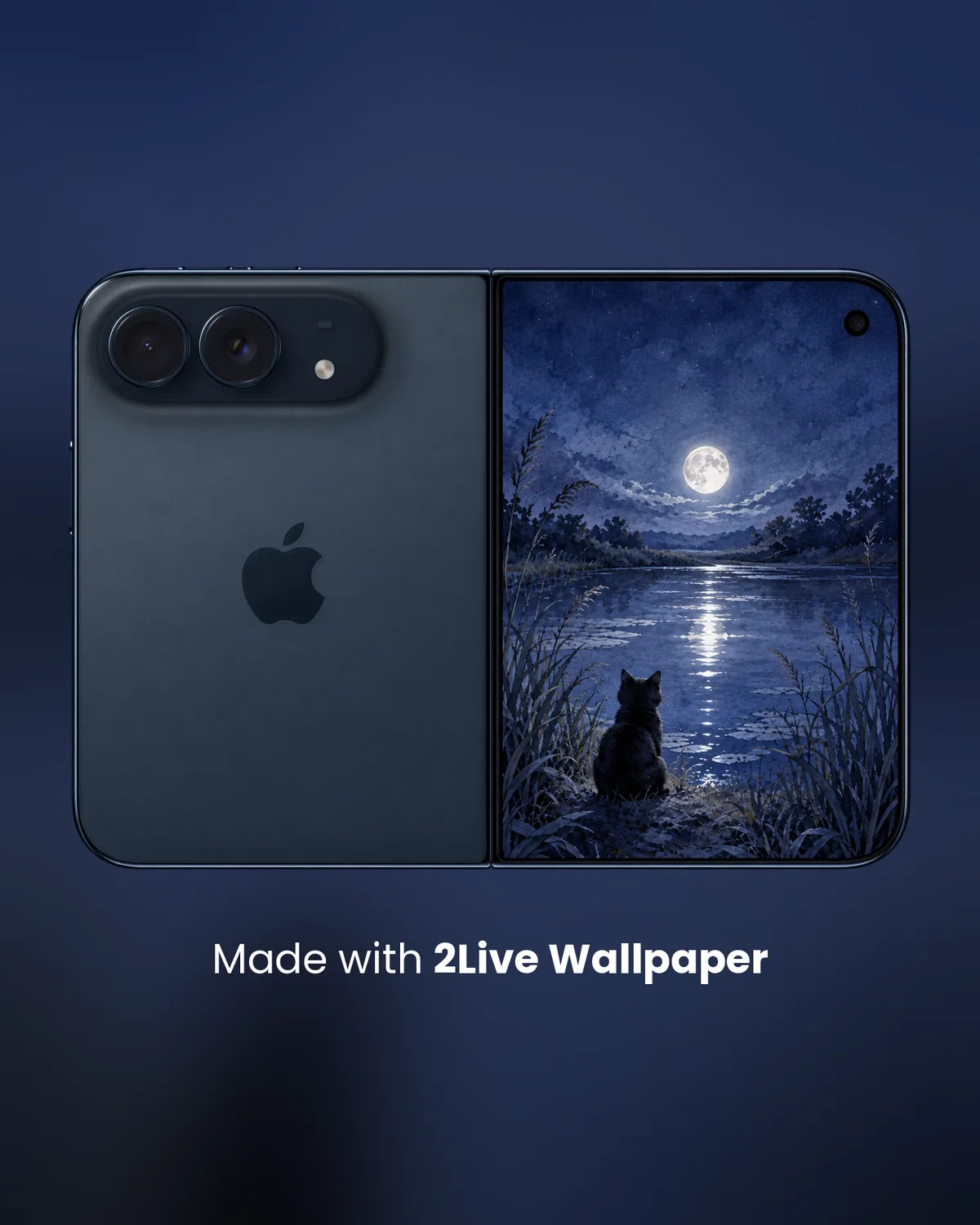 iPhone Duo unfolded and seen from the back, its cover screen showing a 2Live watercolor wallpaper of a black cat watching the full moon over a lake