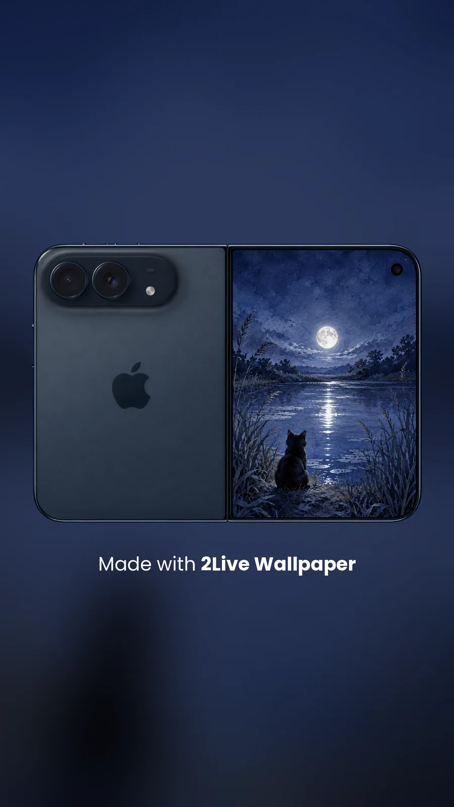 Back of the unfolded iPhone Duo beside its cover screen, which shows a 2Live moonlit-lake wallpaper