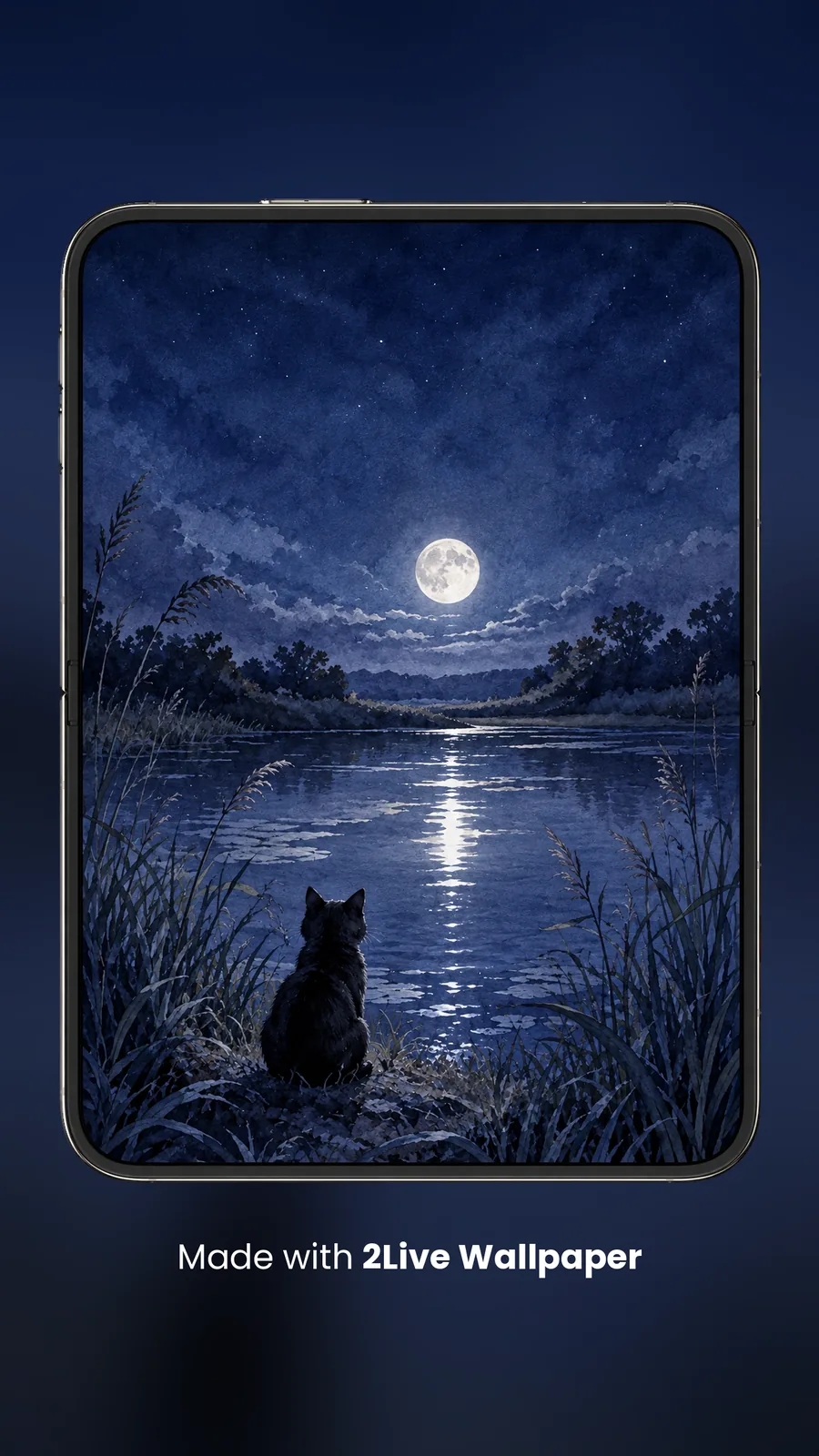 iPhone Duo unfolded and held upright, the inner display showing a 2Live watercolor of a cat by a moonlit lake